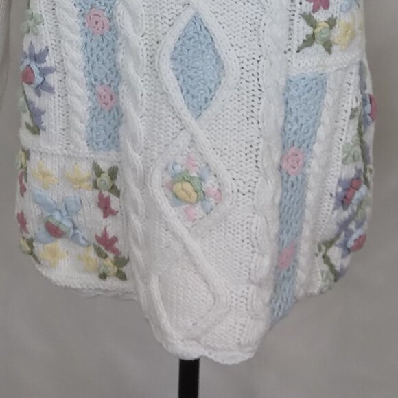 Erika | Vintage Hand Knit Cotton Floral Embroidered Crochet Sweater | Size L - Picture 3 of 10